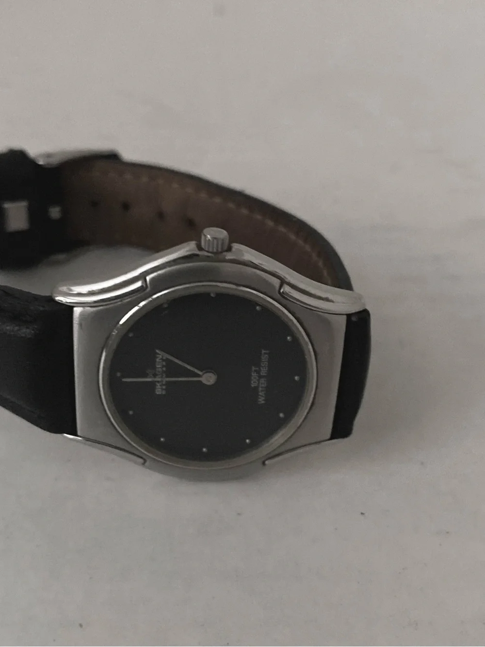 Skagen Unisex Quartz Silver Case Black Dial Watch with Black Leather Strap